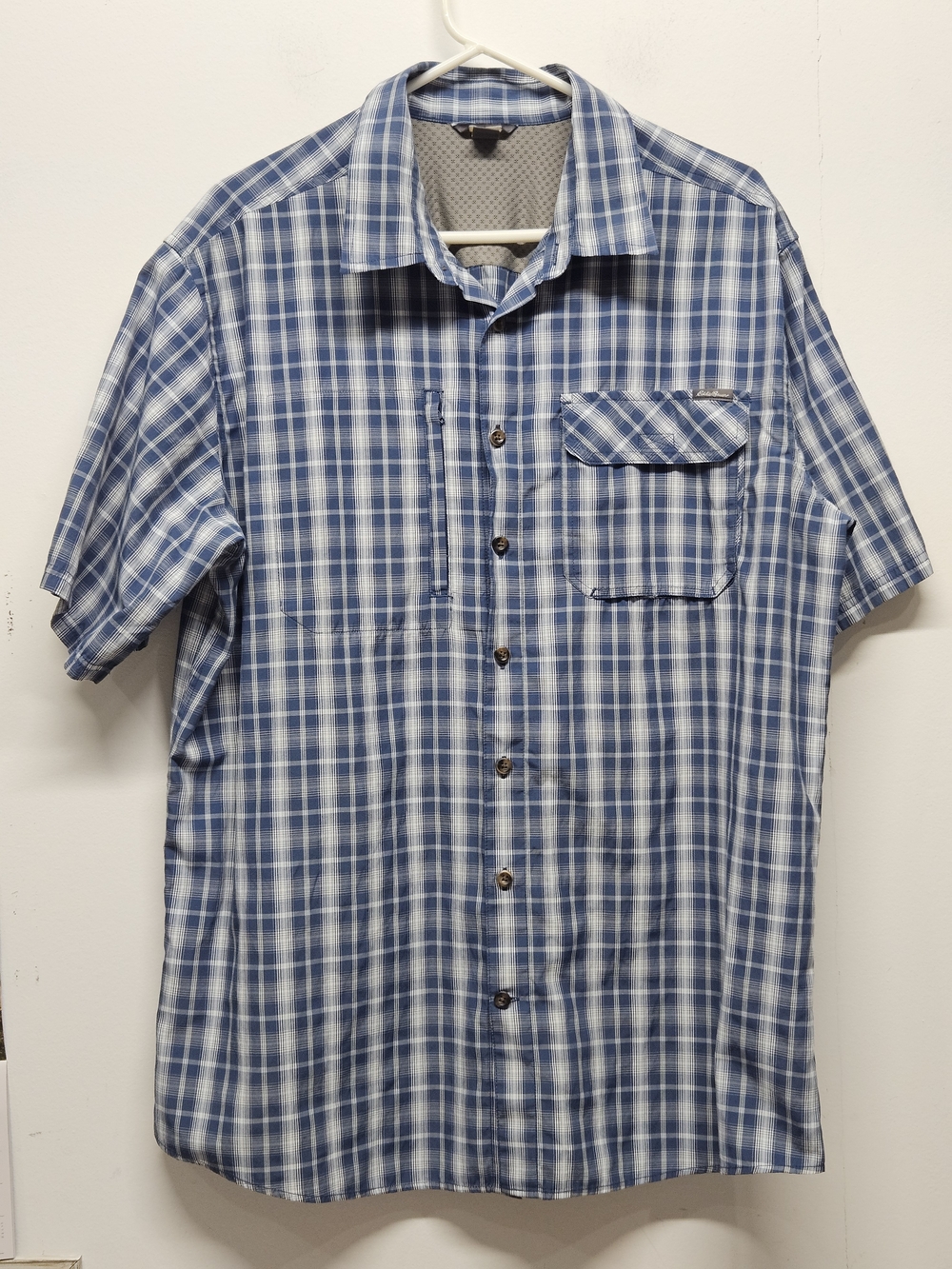 Eddie Bauer Travex Blue Plaid Short Sleeve Button Up Shirt Mens TXL Fishing
